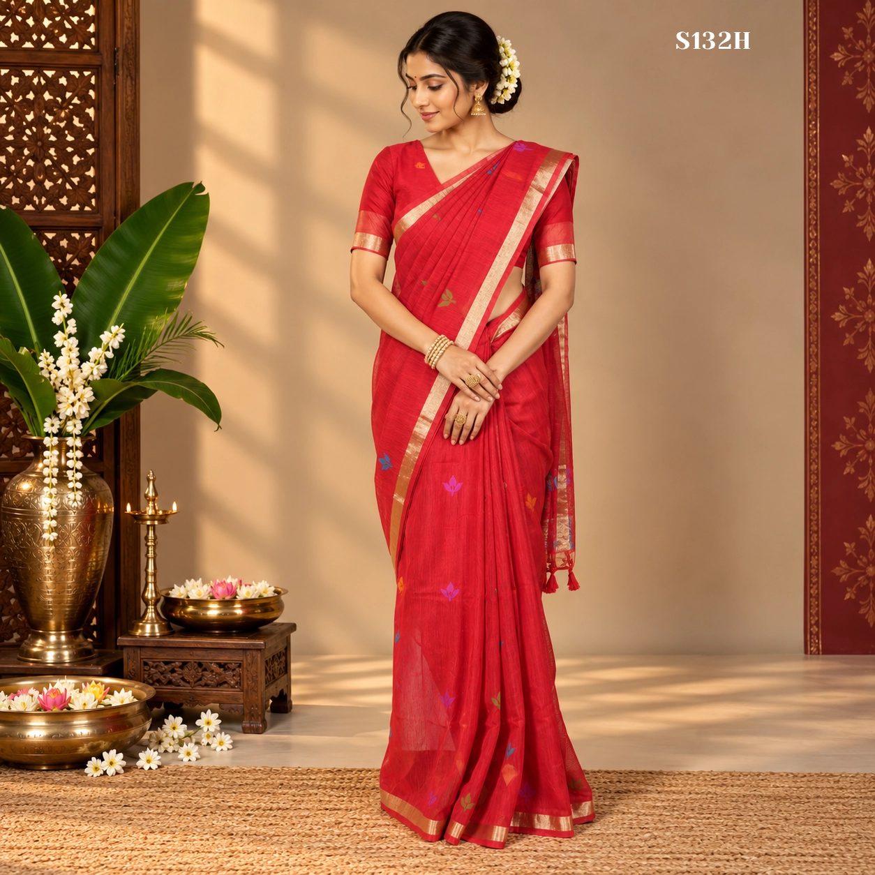 S132H2 Khadi Jamdani Sarees - Image 1