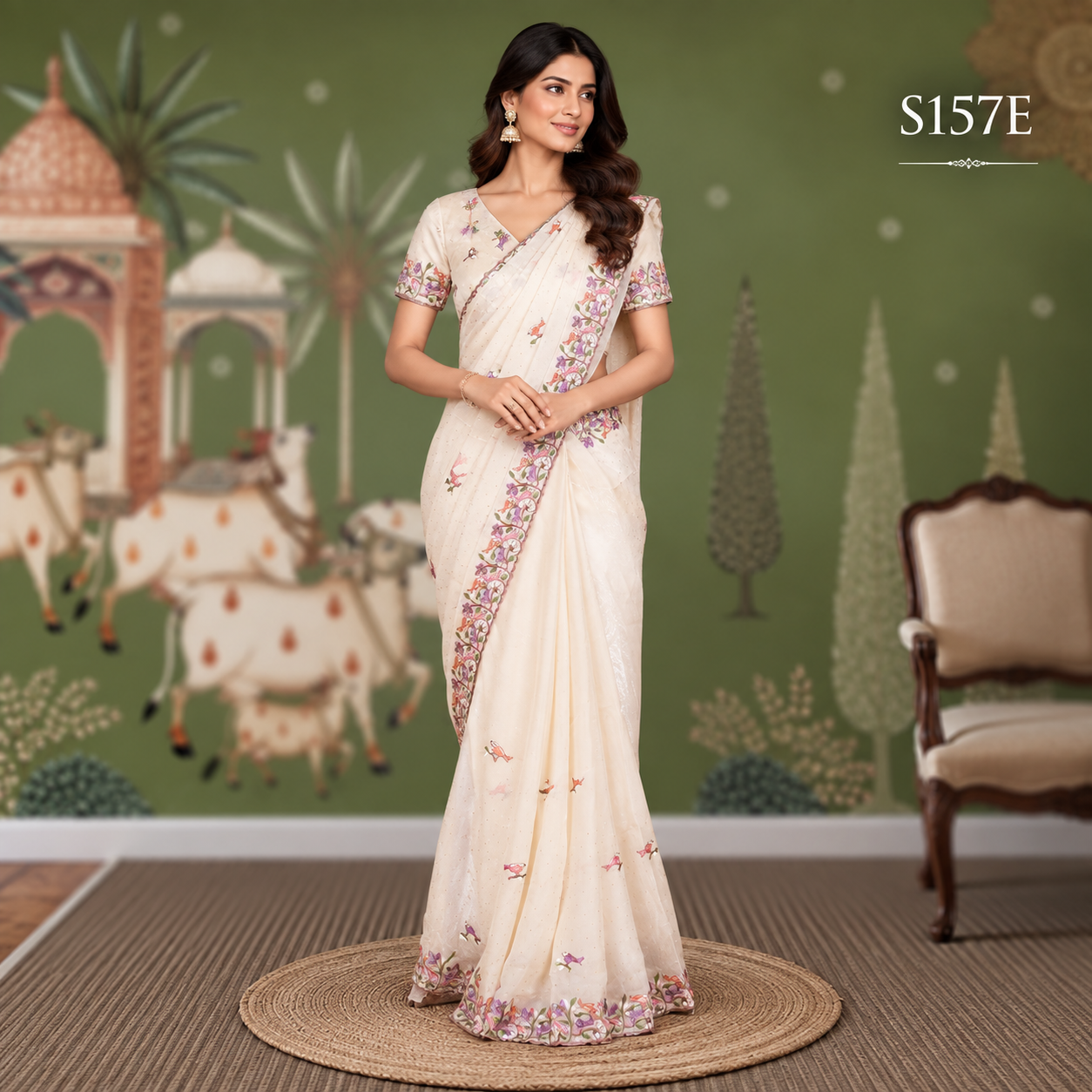 S157E Fancy Work Sarees - Image 1