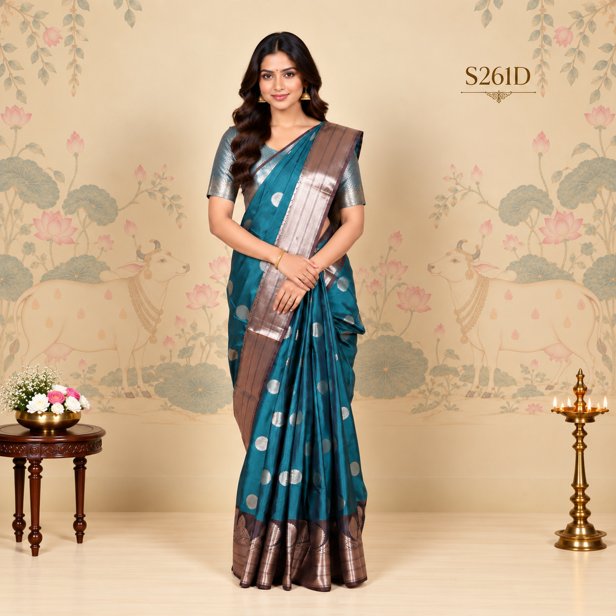 Teal Saree in a Traditional Indian Mural Studio Fancy Sarees - Image 1